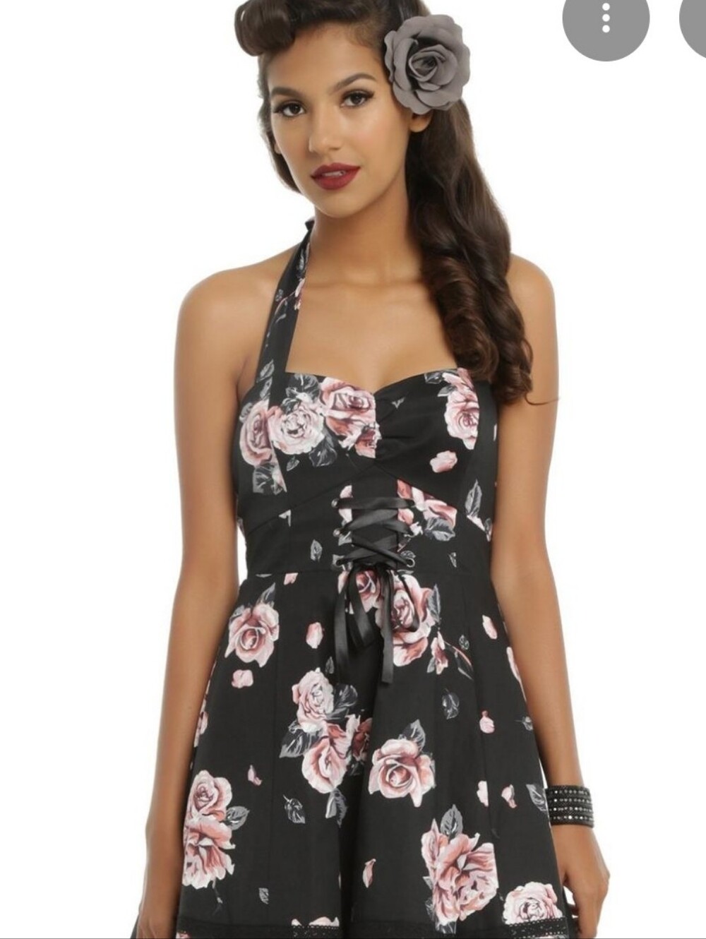 Hot Topic Black & Dusty Rose Floral Corset Halter Dress - Picture 2 of 2